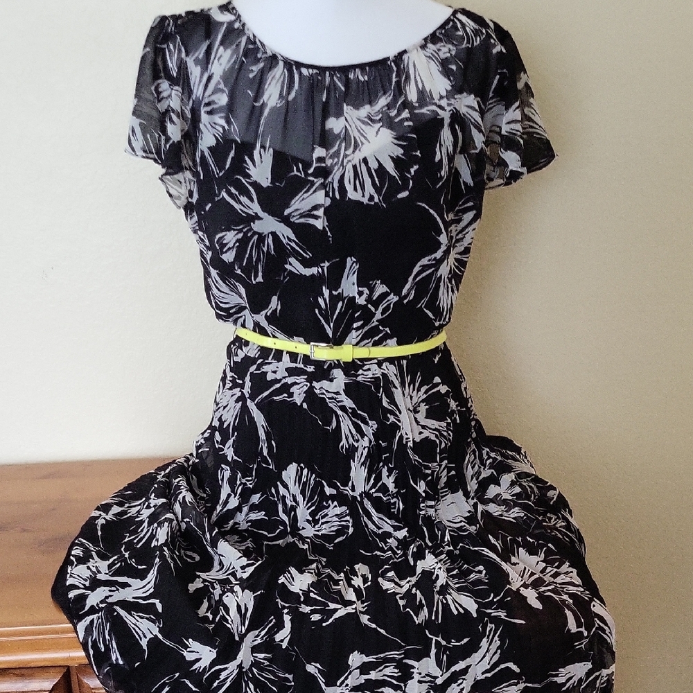 ALEX MARIE Black and White Floral Dress with Neon  Yellow Belt